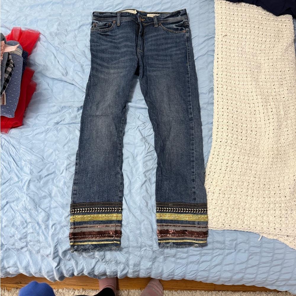 Anthropologie Blue Straight Leg Jeans with Embellished Hem